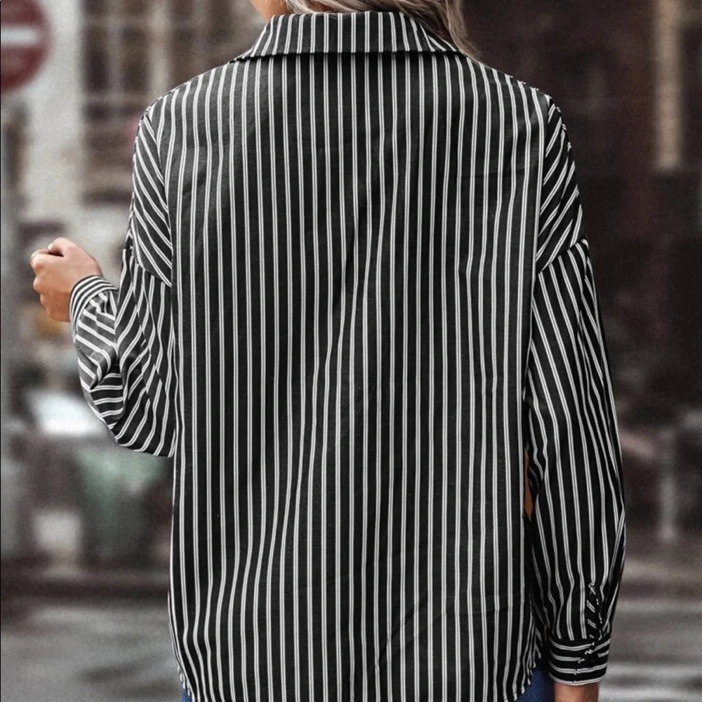 Classy Elegant Oversized Stripe Button Down Top Blouse Shirt - Picture 2 of 6